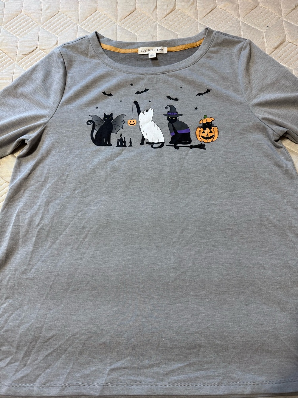 Woman t-shirt Gray Halloween Cat Pumpkin Graphic Tee